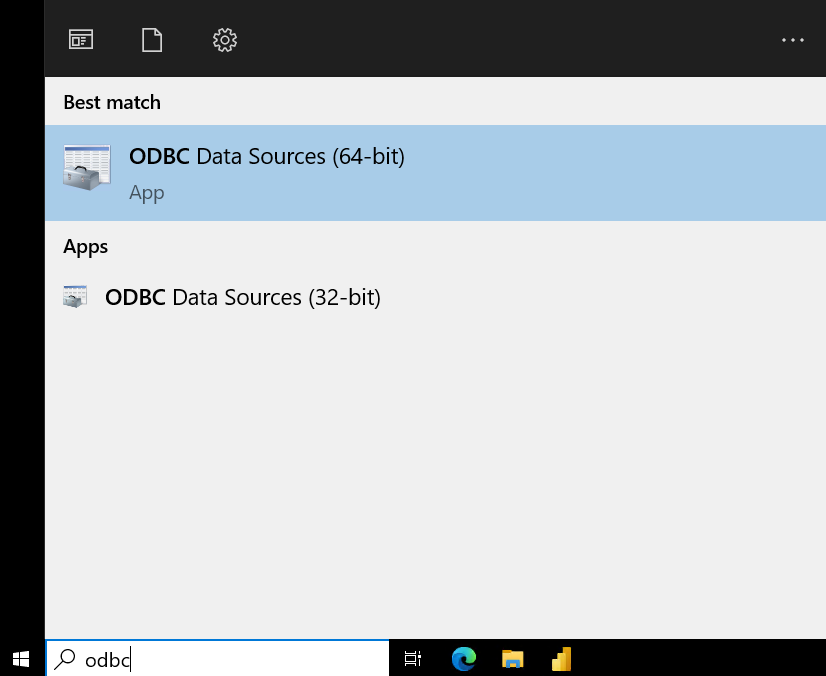 ODBC Data Sources (64-bit) 옵션이 표시된 Windows 검색 화면
