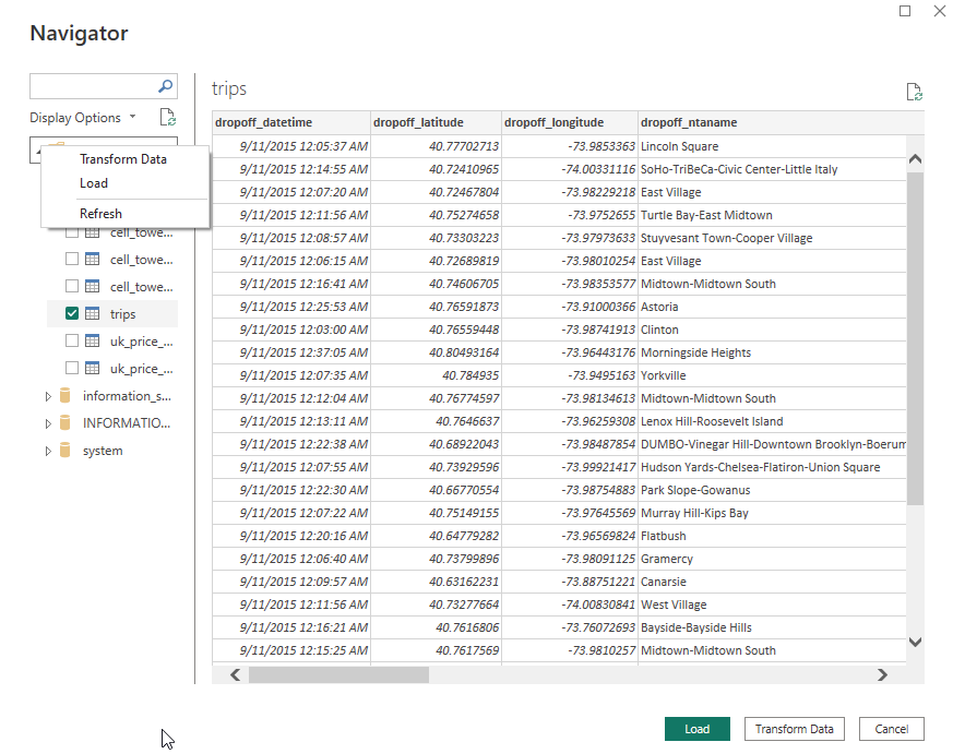 Power BI Navigator 뷰에 표시된 ClickHouse 데이터베이스 테이블과 샘플 데이터